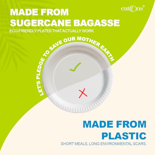 Image of EATONS 10 inch, 100 Pack Disposable Bagasse Plates | Eco-Friendly, Disposable Plates Big Size | Dinner Paper Plates | Birthday, Wedding & Party | Round, White