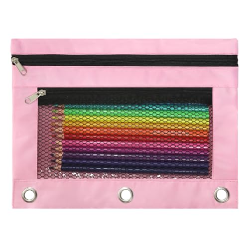 Image of Pencil Pouch for 3 Ring Binder, Heavy Duty Canvas Dual Zipper Pen Bag with Clear Window, Smooth Metal Zipper, Fit Standard 3-Ring Binders for School Office Travel Supplies (Pink)