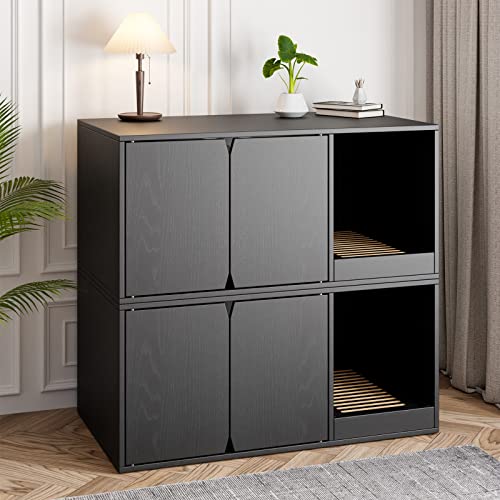 Dawnspaces Cat Litter Box Enclosure Cabinet,Modern Wood Large Stackable Cat Washroom Storage Cabinet Bench Nightstand End Table Furniture,With Removable Litter Catch Box, Black #TOP1