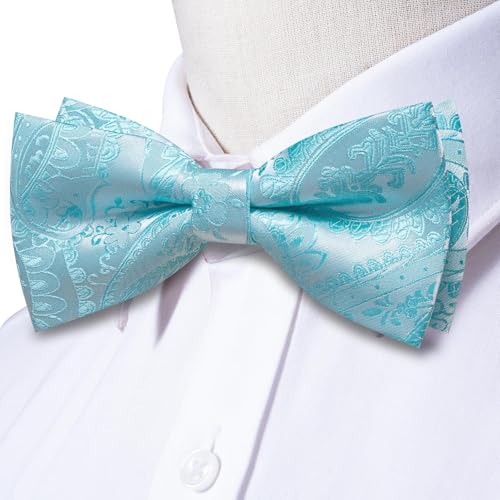 Image of Hi-Tie Bow Tie Men Pre Tied Bowtie Pocket Square Cufflinks Lapel Pin Formal Wedding Bow Ties for Men Party Tuxedo Bowtie Set,Light Blue Paisley Floral