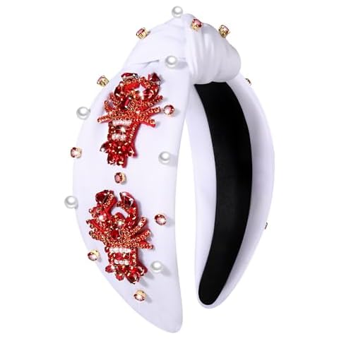 GLBCC Lobster Knotted Headband Pearl Rhinestone Red Lobster Beaded Wide Knot Headband Boho Summer Beach Ocean Crawfish Twist Headband Cover