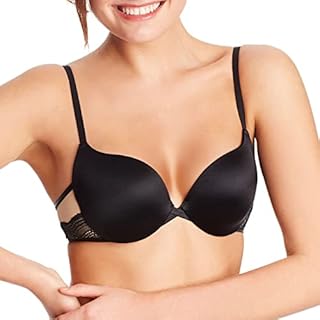 Maidenform Underwire Demi Bra, Best Push-Up Bra with Wonderbra Technology, Smoothing Lace-Trim Bra with Push-Up Cups, Black W/Body Beige Lining, 34B