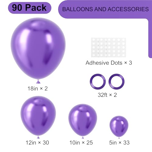 Image of Voircoloria 90pack Metallic Purple Balloons Different Size 18 /12 /10 /5 Inch Metallic Purple Balloon Garland Arch Kit for Graduation, Wedding, Birthday, Anniversary, New Year Party Decorations