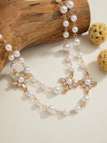 Pearl Cross Rosary Necklace Gold Plated Rosary with Pearls Waterproof Jewelry Big Cross Chain Link Choker Charm Necklace for Daily Wear3