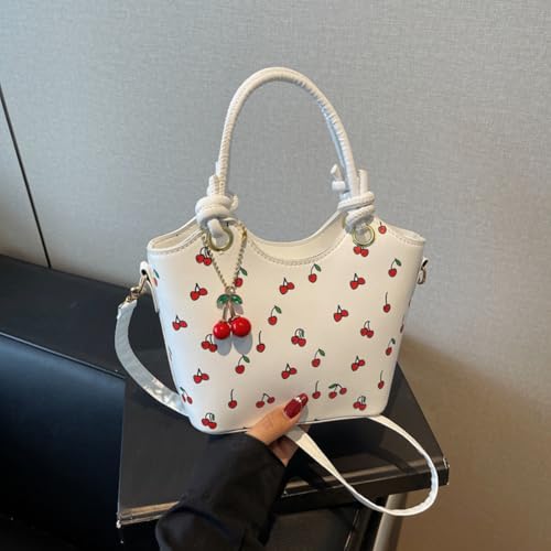 Small Chic Cherry Shoulder Bag Purse for Women PU Leather Pattern Top-handle Handbag Satchel Bucket Fashion Girls Pri3