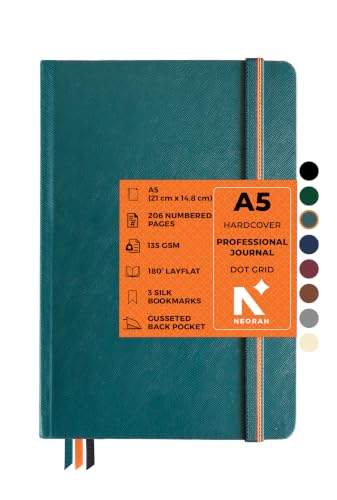 NEORAH - A5 Dot Grid PROFESSIONAL Journal -135 Gsm-(210x148 mm)-Hardcover Dotted Noteook-|Back Pocket|3 Silk Book Mark |208 Pages- Completely HANDMADE for journaling,writing,Note Taking - DEEP TEAL