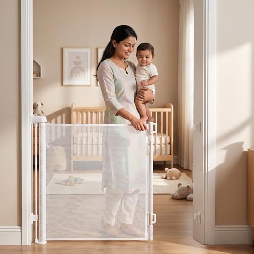 Image of A Baby Cherry - Baby Saftey Gate Retractable | Stairs & Pet Safety | Wide Mesh Gate 33 inch Tall | Expandable 55 inch | Indoor /Outdoor, Childproof Auto Lock (White)