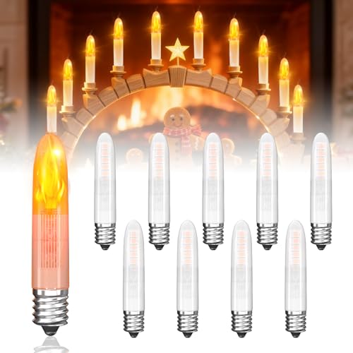 Lamptobe Bombillas LED E10 de 0.2W con Efecto de llama Parpadeante, bombilla LED Vela E10 AC 15-55V - Blanco Cálido 1800K Luz decorativa para árboles de Navidad, 3 lm, No Regulable, 10 piezas