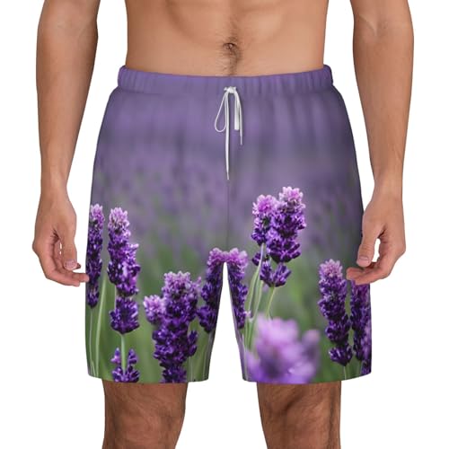 Purple Lavender Colored Flowers Print Mens Swim Shorts Trunks Inseam Compression Liner Quick Dry Zipper Pocket