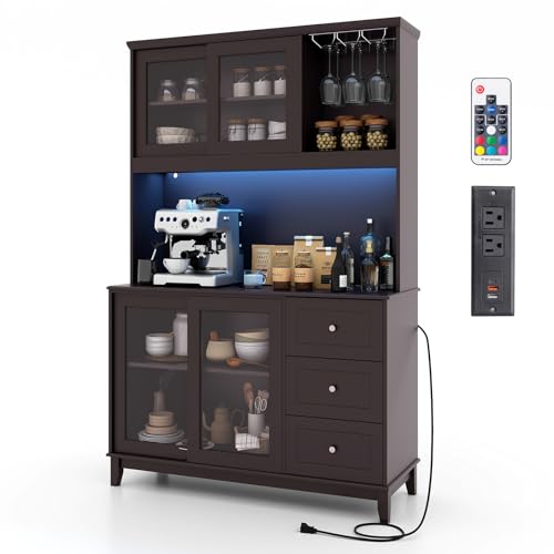 SILKYDRY 73” Kitchen Pantry Storage Cabinet, Buffet Hutch w/Power Outlets & Led Lights, Tall Cupboard w/Wine Glass Racks, Adjustable Shelves, Drawers, Microwave Stand for Dining Room (Espresso)