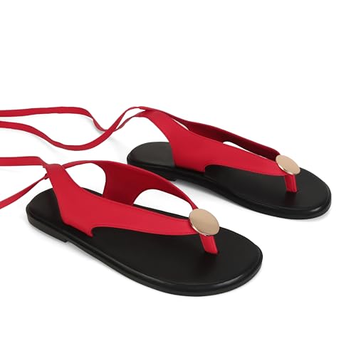 Image of Flat Sandals for Women Strappy Sandals Comfortable Dressy Beach Flip Flop Slides Thong Sandals for Women with Metal Circular