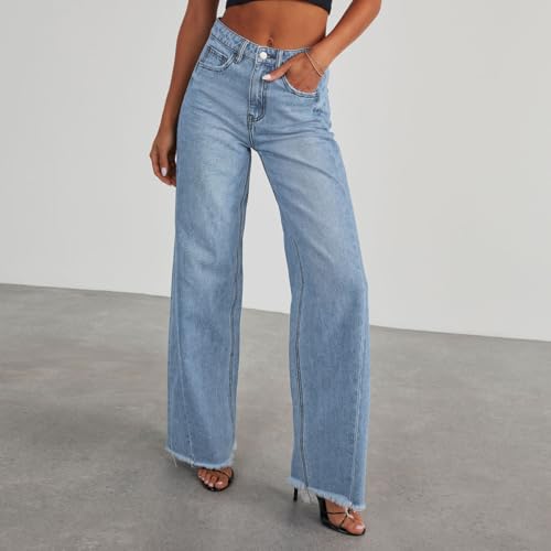Wide Leg Baggy Jean for Women High Waisted Straight Leg Strechy Flare Raw Hem Loose Denim Pants Casual Baggy Jeans2