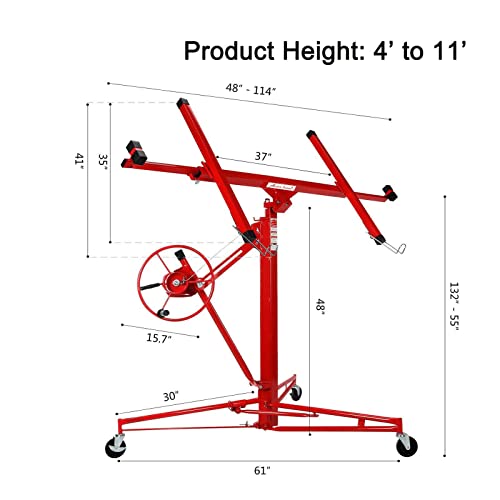 11FT Drywall Lifter Panel Hoist Dry Wall Rolling Caster Lifter Construction Tool 150LB Heavy Duty Sheetrock Hoist Holder (Red)