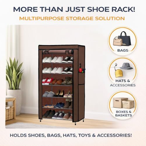 Image of Metal Shoe Stand with Cover, 6 Tier Shoe Organizer for Home & Office - Brown