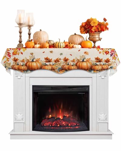 Victoroes Fall Mantel Scarf 70 x 17 Inch, Orange Pumpkin Ginkgo Biloba Farmhouse Fireplace Mantel Scarf Maple Leaves Mantel Cover Runner for Thanksgiving Autumn Harvest Decorations