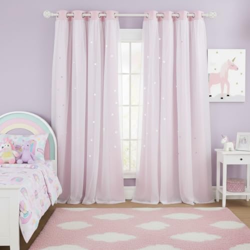 Image of NICETOWN Kids Girls Bedroom Pink Curtains, Star Cutout Blackout with White Sheer Pastel Nursery Window Curtain Panels for Thanksgiving (Lavender Pink, 2Pcs, W52 x L84)