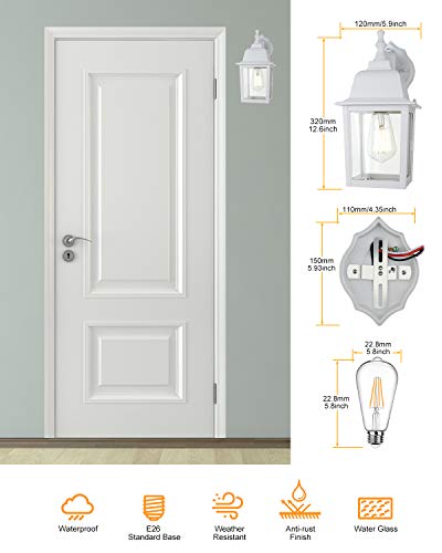 WENFENG 12.6” High Outdoor Wall Light Fixtures with Dusk to Dawn Sensor,Anti-Rust Matte White Finish,Clear Glass Shade, Exterior Mount Lantern for Porch, Garden, Patio(Bulb Included) - Thumbnail 3