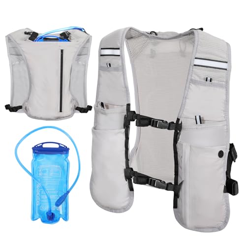 MoKo Chaleco de Hidratación con Bolsa de Agua 1,5L para Hombre y Mujer, Mochila Running Ligera y Transpirable con Bolsillos y Correas Ajustables para Trail y Ciclismo, Gris Claro