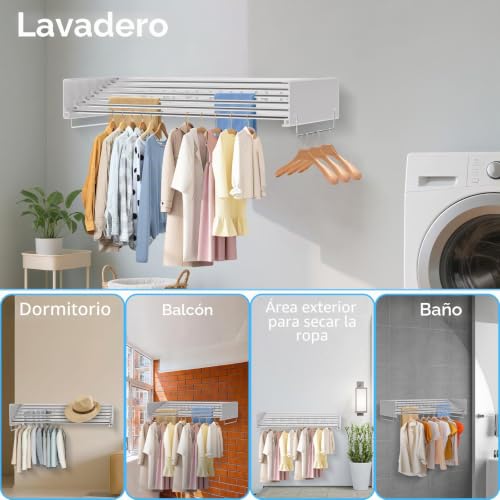 Miniatura 7 de Tendedero De Ropa Montado En La Pared Tendedero Retráctil Tendedero Plegable Con Varillas De 100 Cm X 6 Líneas Para Colgar Secador De Ropa Plegable Para Baño Interior Y Exterior Blanco