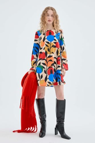 Robe courte évasée à manches longues à motif imprimé feuilles légères