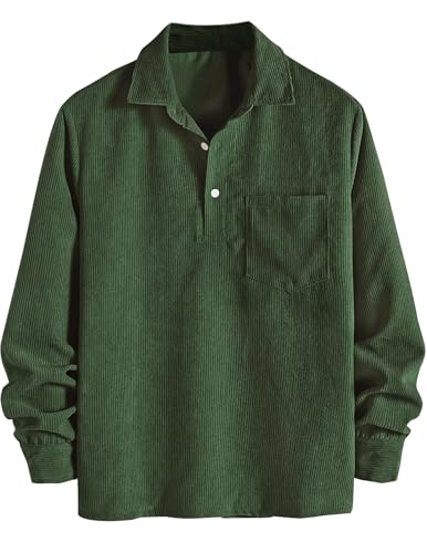 ZAFUL Corduroy Shirt for Men Long Sleeve Polo Shirt Casual Work Collared Shirt with Pocket Half Button Up Top Deep Green XL