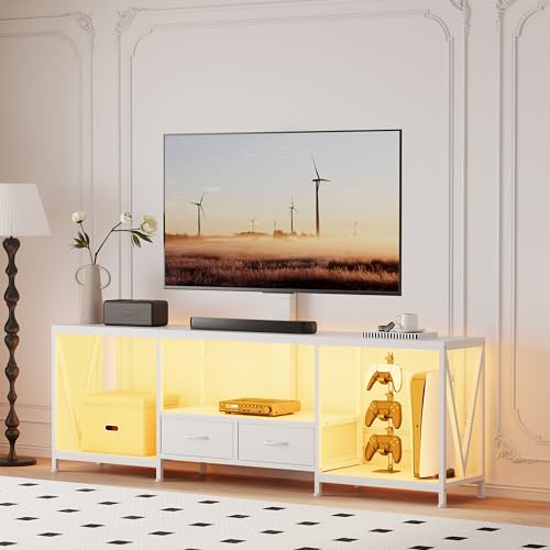 Image of 63 inch W TV Stand with Mount for 55,65,75 inch TV,Entertainment Center with Power Outlet and Led Lights,Height Adjustable TV Console Table with Open Storage Shelves and Fabric Drawers (White, 63 inch W)