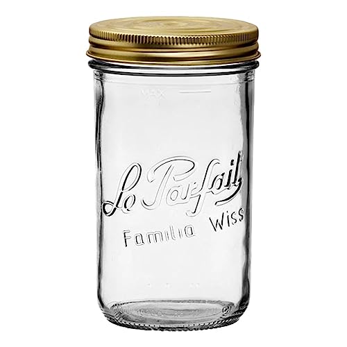 Le Parfait Familia Wiss Terrine Wide Mouth French Glass Container w/Airtight 2-Piece System Gold Lids | Ideal for Canning, Food Storage, Meal Prep, Cake Jar & DIY Crafts | 32oz Quart (Single Jar) 1L