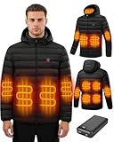 Unisex Heated Jacket with Power Bank 20000mAh, 2025 New 9 Heating Zones Heated Jacket Womens Mens, 1400g Super Soft Down Cotton, Detachable Headcap, 3 Heat Levels, Down Coat for Outdoor Activities, L