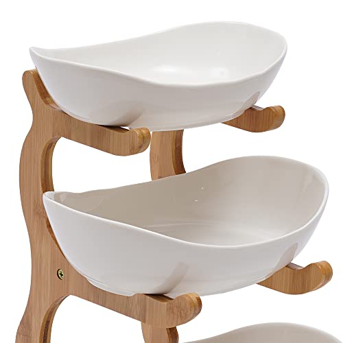 3 Tier Ceramic Fruit Plate Bowl Bamboo Fruit Stand Ceramic Fruit Plate Basket Holder, Fruit Bowls for Kitchen Counter, Coffee Table - Thumbnail 5