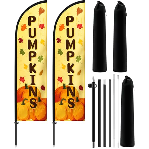 Drapeaux en plumes de citrouilles d'automne 2,1 m avec mât et piquet Tioncy lot de 2