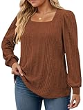 VISLILY Long Sleeve Shirts for Women Plus Size 3X Puff Sleeve Tops Cute Ribbed Knit Tunics Loose Fit Square Neck Sweatshirt Caramel
