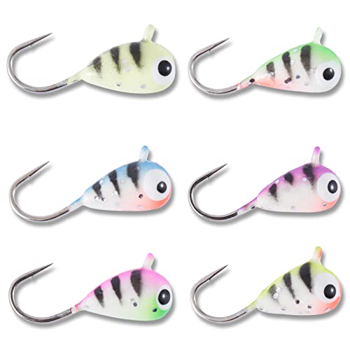 BASSDASH Tungsten Ice Fishing Jigs with Glowing Paint Fishing Lures for Winter Ice Jigging Crappie Bluegill, 6-Pack