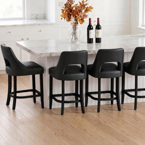 Image of UVV Bar Stools Set of 4, Modern Upholstered Counter Height Bar Stools, Faux Leather Counter Stools BarStools with Wood Legs for Kitchen Island Dining Room Bar, Black