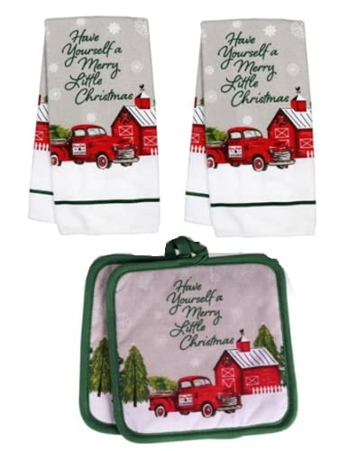 Have Yourself A Merry Little Christmas Farmhouse Red Vintage Truck Decorative Kitchen Linen Sets, 2 Hand Dish Towels, 2 Potholders Hot Pads, 1 Oven Mitt Glove
