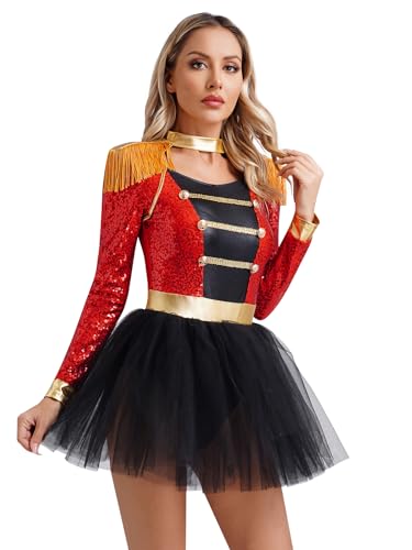 Aislor Femme Déguisement De Dompteuse Cirque Tenue Femme Body Robe Carnaval Mascarade Fête Clown Arlequin Costume Circus Clown Cosplay Circus Rouge S