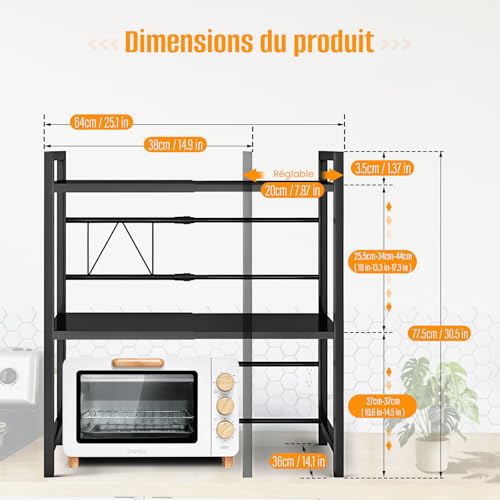 Étagère micro-ondes extensible en métal noir à 2 niveaux pour cuisine - 4