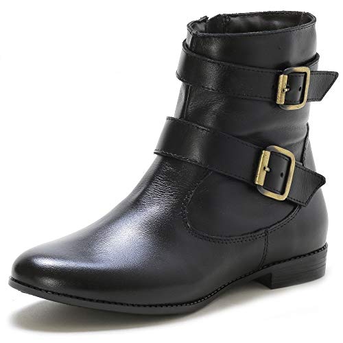 Bota Feminina Couro Cano Médio Fivela Dupla (34, Marrom)