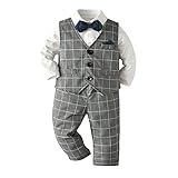 ROMIDA Jungen Gentleman Bekleidungssets Langarm Hemd Fliege Hosenträge Hose Kinder Anzug Taufanzug Hochzeit Kleidung Set Baby Strampler Jungen Outfits Set, Grau-7, 3-6 Monate