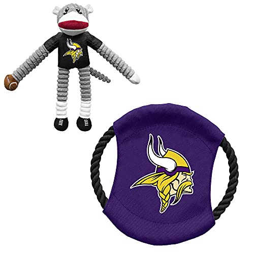 Littlearth NFL Minnesota Vikings Sock Monkey and Flying Disc Pet Toy Combo Set, Team Color, One Size