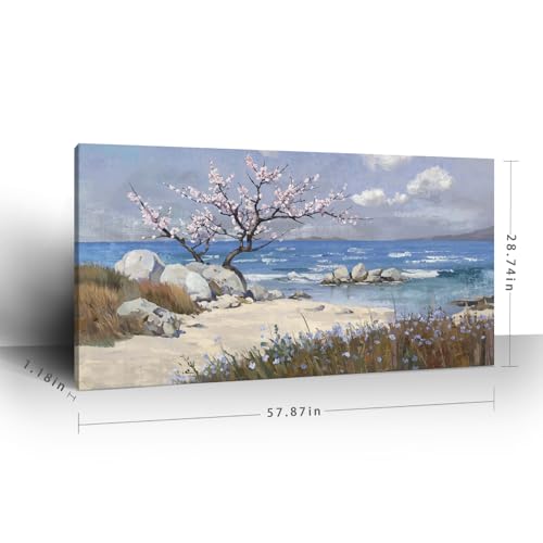 amatop Extra Large Coastal Canvas Wall Art for Living Room Abstract Blue Ocean Beach Seascape Picture Pink Flower Tree of Life Print Wildflower Botanical Nature Artwork Bedroom Office Decor 58x29 In — view 4