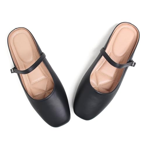 Image of TN TANGNEST Leather Flats for Women Retro Mary Jane Flats | Comfortable Square Toe Slip On Flats with Buckle Strap, Soft Work Flats Office Shoes