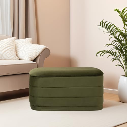Image of 30 inch Velvet Storage Ottoman Bench with Wooden Tray Lid, Folding Large Upholstered Ottoman Footstool for Living Room, Rectangular Padded Foot Rest for Bedroom Living Room Dorm, Olive Green