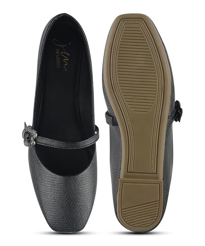 Image of JM LOOKS Elegant Textured Metallic Mary Jane Flats with Floral Buckle Detail and Comfortable Low Profile Sole