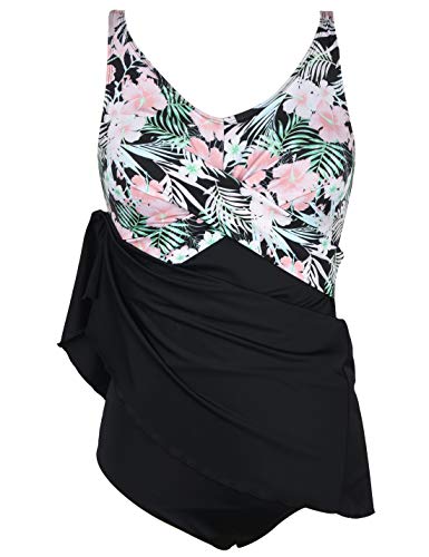 Septangle Plus Size V-Neck Swimwear Printing Padded High Waist Swimdress For Womens,Pink,Us 10 #TOP3