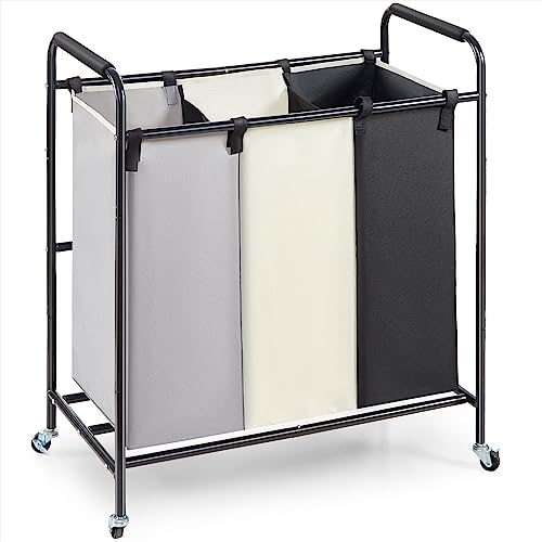 Happybuy 3-Section Laundry Basket - Heavy Duty Laundry Hamper & Organizer. Sturdy sorter cart with lockable wheels for dirty clothes. Ideal for laundry room & bedroom