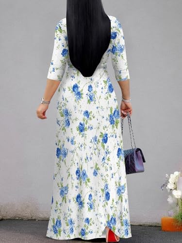 Image of Women's V Neck Floral Maxi Dress 3 /4 Sleeve Plus Size Boho Wrap Flowy Long Dresses with Belt