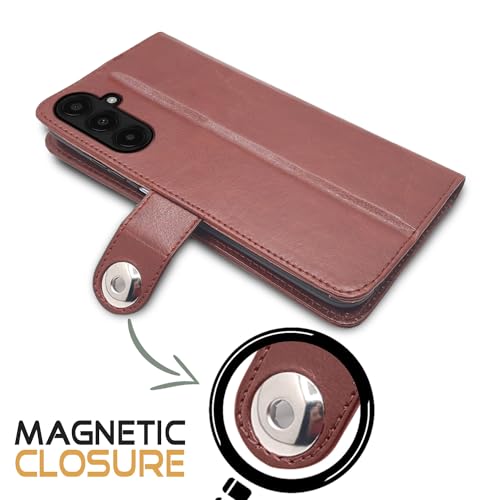 Image of Pikkme Samsung Galaxy A25 5G Flip Cover Leather Finish | Inside TPU with Card Pockets | Wallet Stand and Shock Proof | Magnetic Closing | Complete Protection Button Flip Case (Brown)