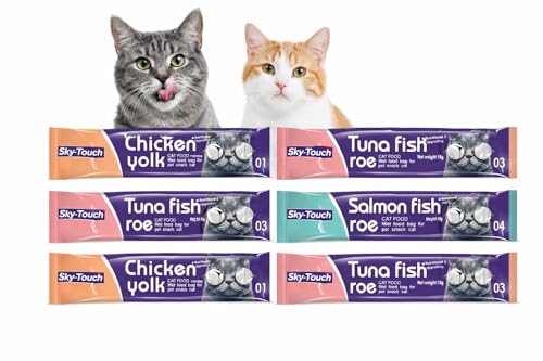 SKY-TOUCH 6Pcs Wet Cat Treats : Lickable Cat Food Wet Squeeze Up Interactive Snack Strips with 3 Flavors Tuna&Fish Roe Chicken&Yolk Salmon&Fish Roe 16g Each (6Pack 96g)