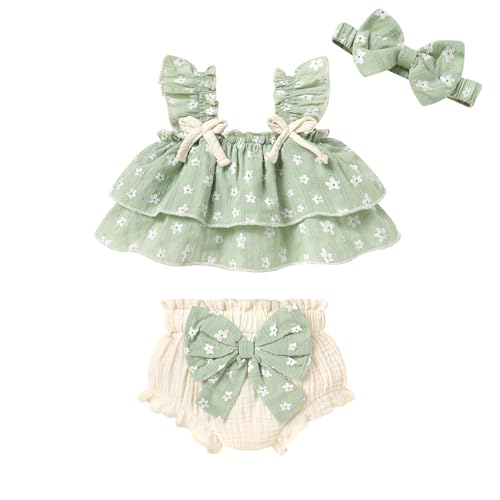 Image of YOUNGER TREE Baby Girl Clothes Infant Ruffle Tops Dress Shorts Set Bloomers Toddler Sleeveless Summer Outfits with Headband