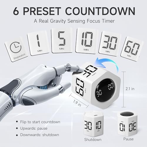 Image of Productivity Timer 1, 5, 10, 30, 60 Minutes Preset, Desk Cube Timer with Gravity Sensor /Mute /Vibration for ADHD, Work, Study, Kitchen, Back to School (White)